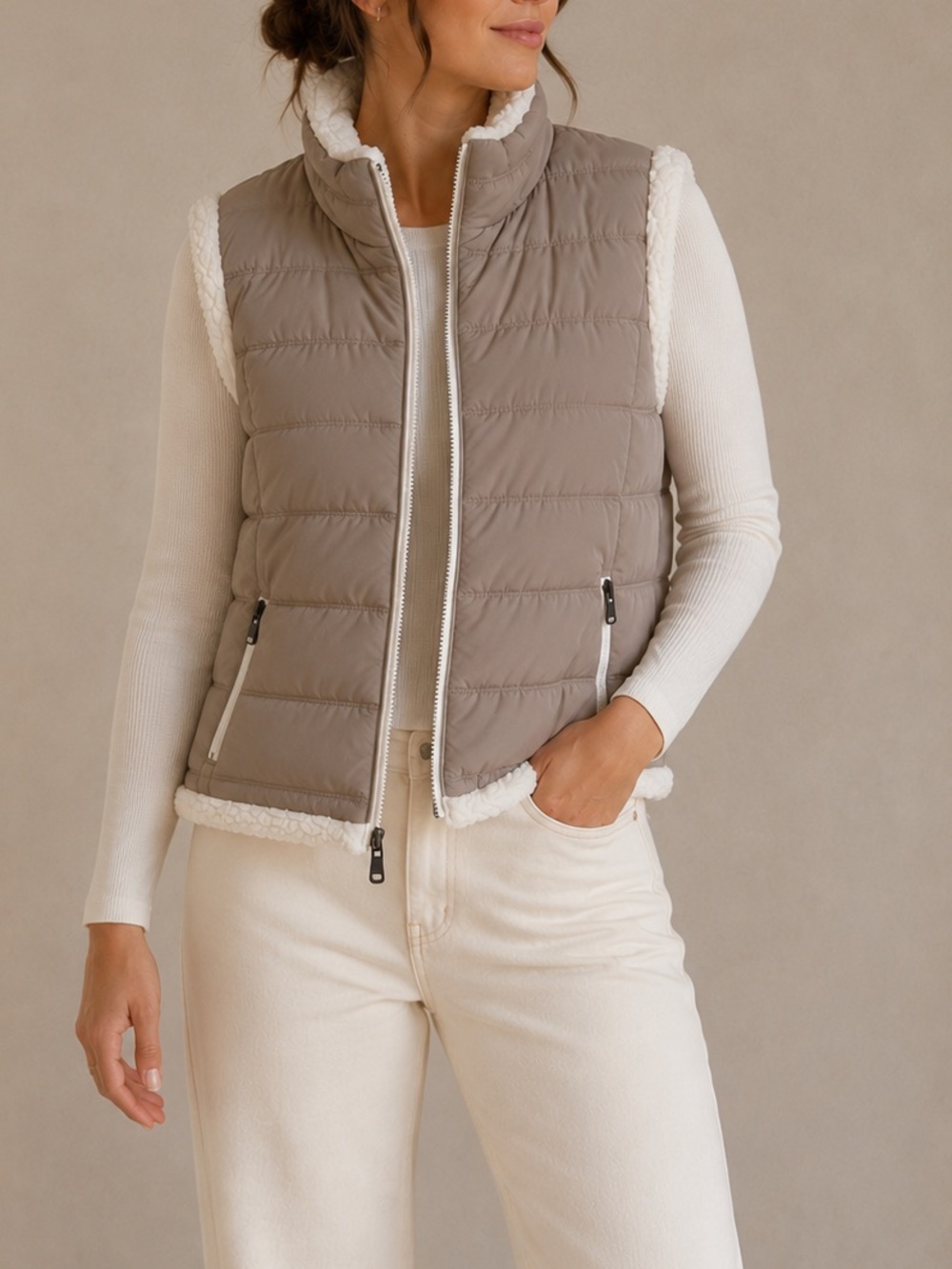Calvin Klein Sherpa Trim Quilted Puffer Vest Taupe Small